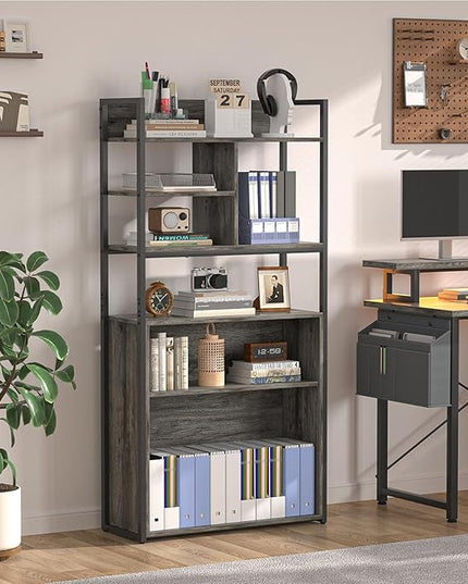 armocity Industrial Bookshelf, 6 Tier Tall Bookshelves Wood Metal Frame Standing Bookcase, Display Book Shelf with Adjustable Storage Shelves for Home Office, Living Room, Bed Room, Grey Oak - LeafyLoom