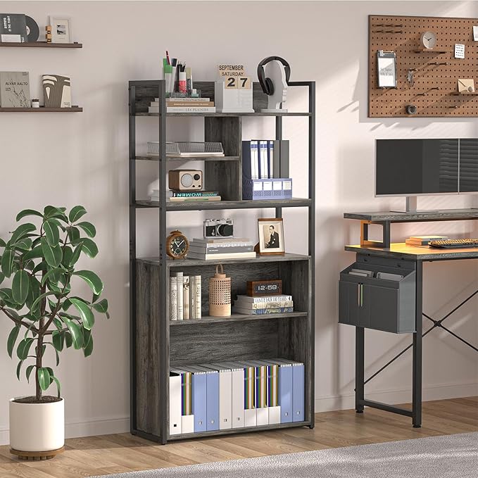 armocity Industrial Bookshelf, 6 Tier Tall Bookshelves Wood Metal Frame Standing Bookcase, Display Book Shelf with Adjustable Storage Shelves for Home Office, Living Room, Bed Room, Grey Oak - LeafyLoom