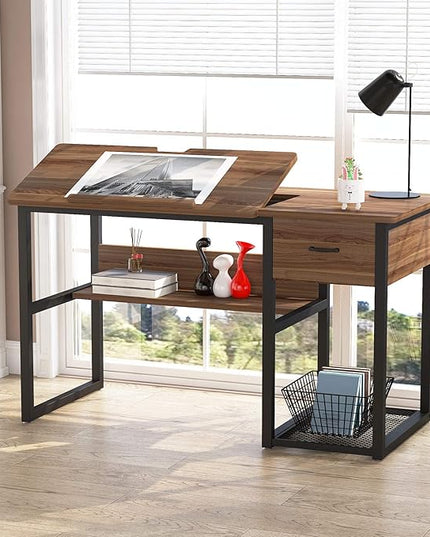 Tribesigns Drafting Table with Storage Drawers, Drawing Computer Desk Artist Craft Table Painting Desk Workstation with Shelves and Tiltable Tabletop for Students, Home Office - LeafyLoom