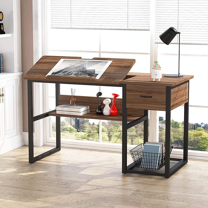 Tribesigns Drafting Table with Storage Drawers, Drawing Computer Desk Artist Craft Table Painting Desk Workstation with Shelves and Tiltable Tabletop for Students, Home Office - LeafyLoom