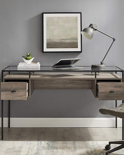 Walker Edison Writing Desk, 56, Glass Top 2 Drawer Computer, 56 Inch, Grey Wash - LeafyLoom