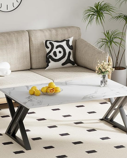 Coffee Table White Living Room Center Table, Simple Modern Faux Marble Rectangular Tea Table with Sturdy Black Metal Frame,Industrial Wooden Coffee Table for Bedroom Home Office - LeafyLoom
