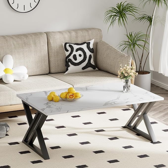 Coffee Table White Living Room Center Table, Simple Modern Faux Marble Rectangular Tea Table with Sturdy Black Metal Frame,Industrial Wooden Coffee Table for Bedroom Home Office - LeafyLoom