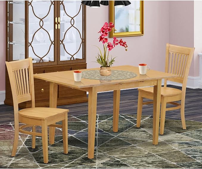 East West Furniture Norfolk 3 Piece Kitchen Set for Small Spaces Contains a Rectangle Table with Butterfly Leaf and 2 Dining Room Chairs, 32x54 Inch, Oak - LeafyLoom