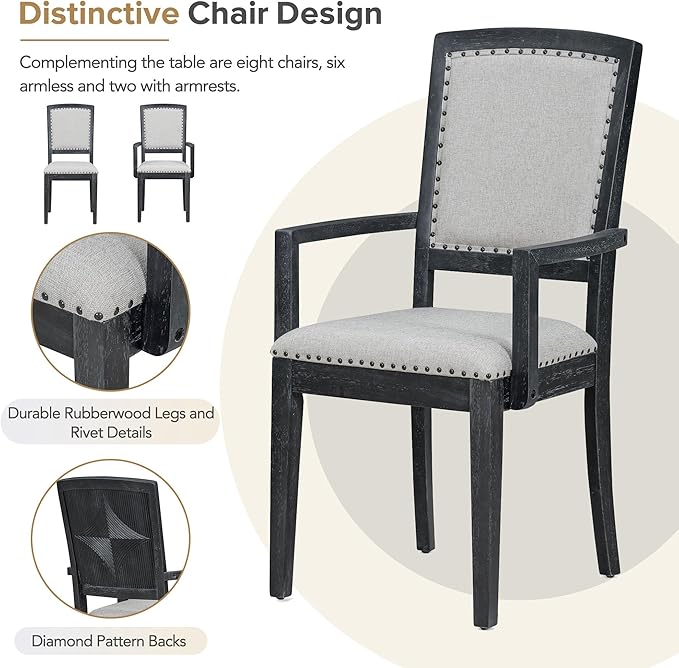 9 Pieces Rustic Extendable Dining 24 Inch Removable Leaf, Rubberwood Kitchen Table Set-6 Upholstered Armless 2 Padded Arm Chairs, Black+Gray - LeafyLoom