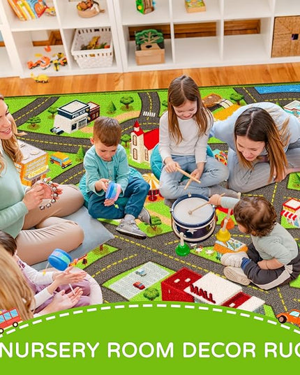Kids Rugs Traffic Road Carpet for Car City Map Play Rug 5'×6.7' for Playroom Educational Mat Area Rug, Kid Playtime Collection Toddler Car Track Rug Cute Cartoon (City Road B, 59×78.7 in) - LeafyLoom