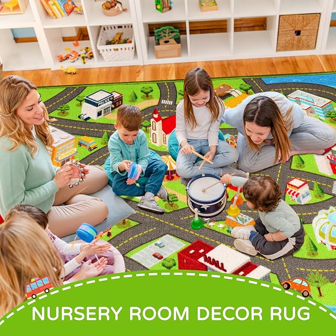 Kids Rugs Traffic Road Carpet for Car City Map Play Rug 5'×6.7' for Playroom Educational Mat Area Rug, Kid Playtime Collection Toddler Car Track Rug Cute Cartoon (City Road B, 59×78.7 in) - LeafyLoom