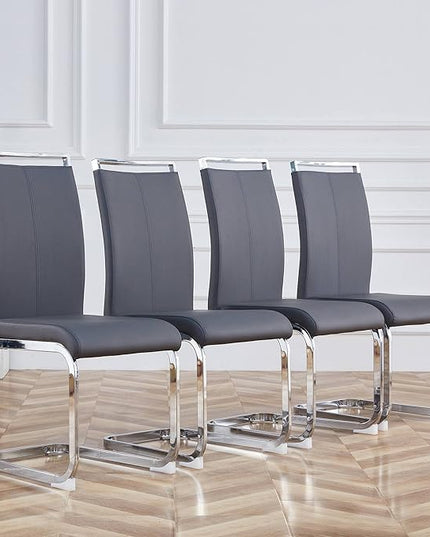 Dining Chairs Set, Kitchen Modern Metal Chairs with Faux Leather Padded Seat High Back and Sturdy Chrome Legs, Chairs for Dining Room (Grey, Set of 4) - LeafyLoom