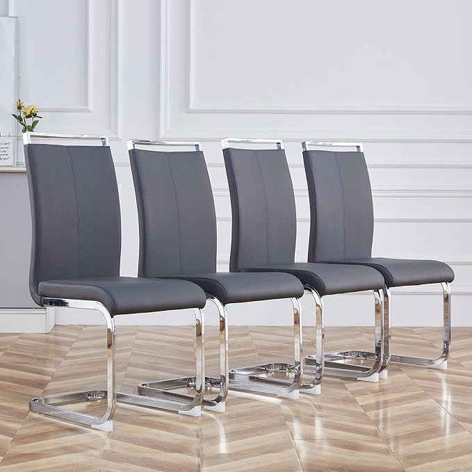 Dining Chairs Set, Kitchen Modern Metal Chairs with Faux Leather Padded Seat High Back and Sturdy Chrome Legs, Chairs for Dining Room (Grey, Set of 2) - LeafyLoom