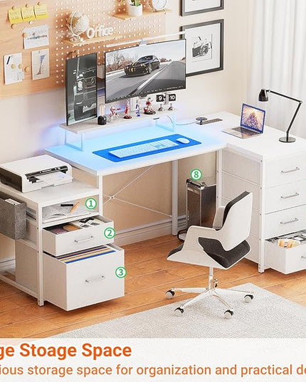 Unikito 70.8" Reversible L Shaped Computer Desk with Fabric File Drawers, Corner Desk with RGB LED Lights & Power Outlets & Monitor Stand, Large Gaming Desk for Home Office Workstation, White - LeafyLoom