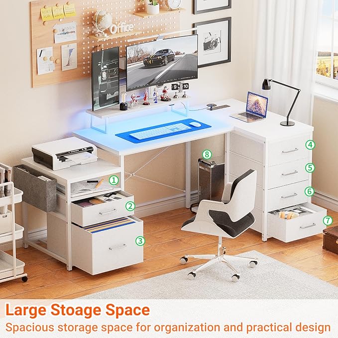 Unikito 70.8" Reversible L Shaped Computer Desk with Fabric File Drawers, Corner Desk with RGB LED Lights & Power Outlets & Monitor Stand, Large Gaming Desk for Home Office Workstation, White - LeafyLoom