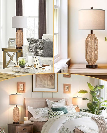 27.5” Tall Rattan Table lamps Set of 2, Wicker Lamps with USB C+A Ports, Farmhouse Boho Bedside Lamps with Linen Lampshade, Rotary Switch Nightstand Lamps for Bedroom Living Room A19 LED Bulb Included - LeafyLoom