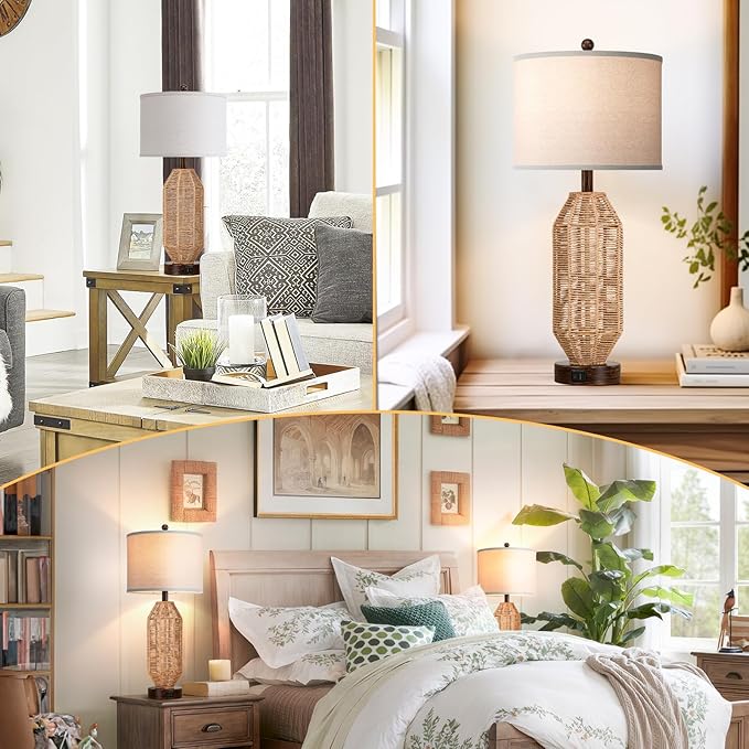 27.5” Tall Rattan Table lamps Set of 2, Wicker Lamps with USB C+A Ports, Farmhouse Boho Bedside Lamps with Linen Lampshade, Rotary Switch Nightstand Lamps for Bedroom Living Room A19 LED Bulb Included - LeafyLoom