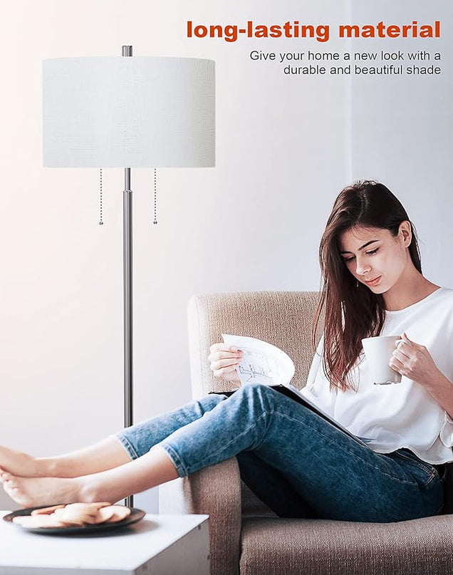 DEEPLITE Modern Floor Lamp, Tall Standing Lamp with 2 Bulb Socket for Office Bedroom Living Room Bright Lighting, Brushed Nickel Body, White Lampshade - LeafyLoom