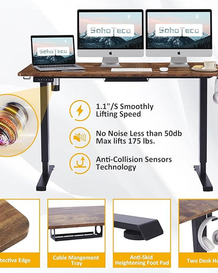 Motorized Stand Up Desk Adjustable Height, 55x24 Office Desk Memory Preset with Cable Management Tray and Side Hooks, Black Frame & Brown Desktop - LeafyLoom