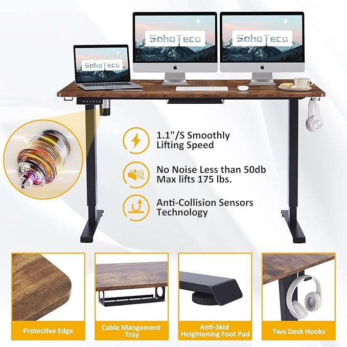 Motorized Stand Up Desk Adjustable Height, 55x24 Office Desk Memory Preset with Cable Management Tray and Side Hooks, Black Frame & Brown Desktop - LeafyLoom