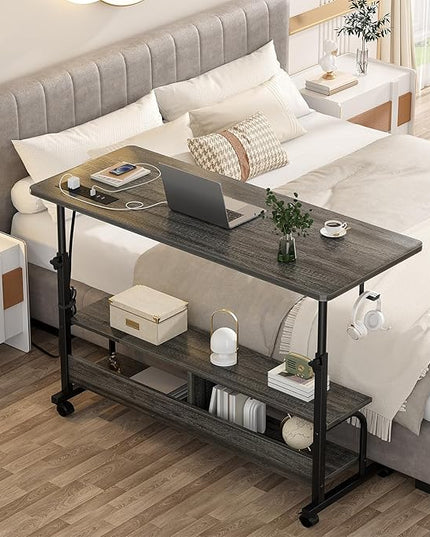 Height Adjustable Standing Desk with Power Outlets, 47" Manual Stand Up Desk with Storage Shelves Small Mobile Rolling Computer Desk Portable Laptop Table with Wheels for Home Office, Grey Oak - LeafyLoom