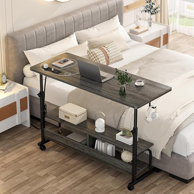 Height Adjustable Standing Desk with Power Outlets, 47" Manual Stand Up Desk with Storage Shelves Small Mobile Rolling Computer Desk Portable Laptop Table with Wheels for Home Office, Grey Oak - LeafyLoom