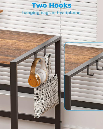 GreenForest Computer Desk 58 inch with Storage Printer Shelf Reversible Home Office Desk with Movable Monitor Stand and 2 Headphone Hooks for Study Writing PC Gaming Working, Walnut - LeafyLoom