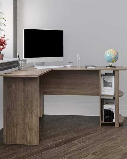 Dakota L-Shaped Desk with Bookshelves, Rustic Oak - LeafyLoom