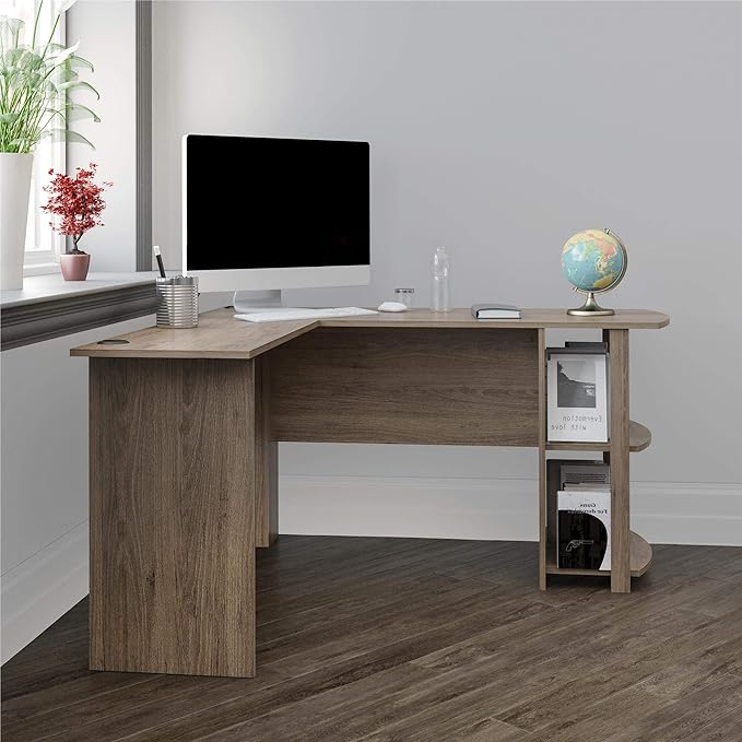 Dakota L-Shaped Desk with Bookshelves, Rustic Oak - LeafyLoom