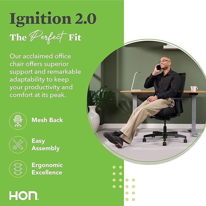 HON Ignition 2.0 Ergonomic Office Chair - Adjustable Tilt, Swivel Wheels, Comfortable for Long Hours - Home Office Desk Chair - LeafyLoom