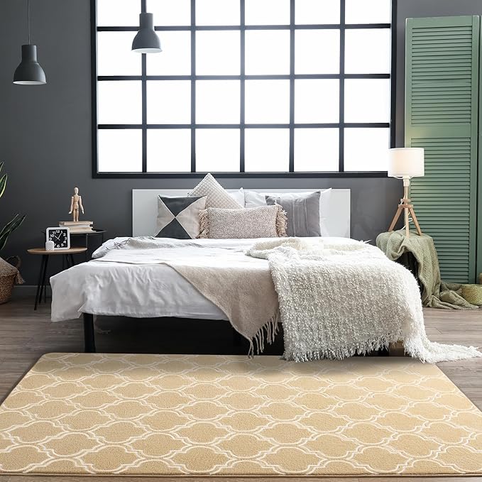 Chicrug Shag Geometric Modern Area Rug for Living Room, 3x5 Feet Large Memory Foam Indoor Carpet, Fluffy Rug for Bedroom Bedside Room Decor for Family Girls Kids Nursery, Beige/White - LeafyLoom
