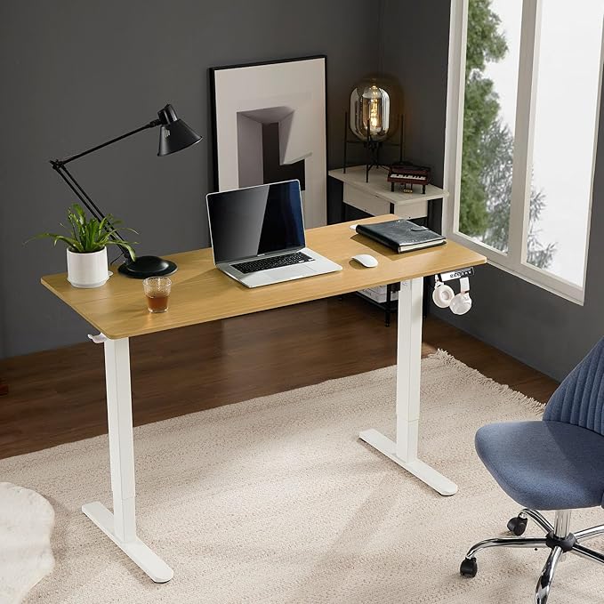 Sweetcrispy Electric Adjustable Height Standing Desk - 48 x 24 inch Sit to Stand Up Desk with Splice Board, Rising Home Office Computer Table with 2 Hook and Wire Hole for Work - LeafyLoom