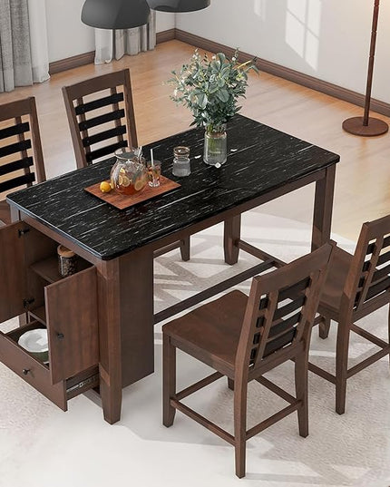 Counter Height Dining 4 with Faux Marble Tabletop, Solid Wood Modern Table Set with Storage Cabinet and Drawer, Dark Walnut - LeafyLoom