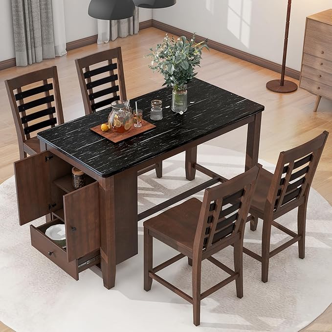 Counter Height Dining 4 with Faux Marble Tabletop, Solid Wood Modern Table Set with Storage Cabinet and Drawer, Dark Walnut - LeafyLoom