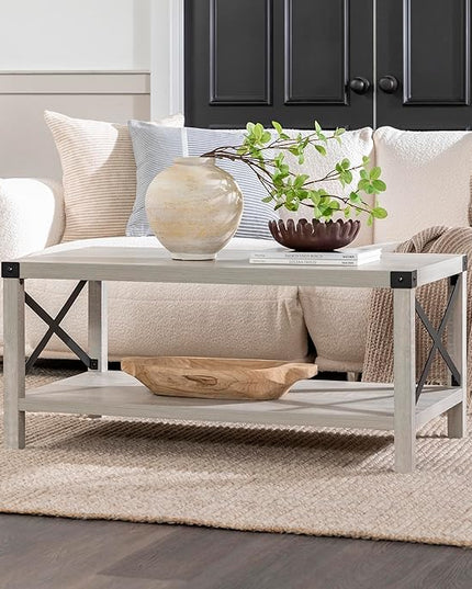 Walker Edison Sedalia Modern Farmhouse Metal X Coffee Table, 40 Inch, Stone Grey - LeafyLoom