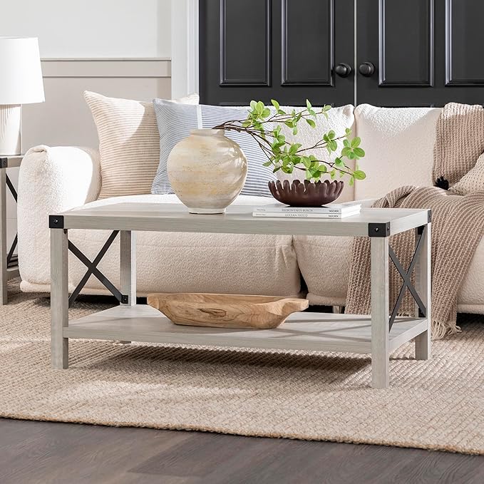 Walker Edison Sedalia Modern Farmhouse Metal X Coffee Table, 40 Inch, Stone Grey - LeafyLoom