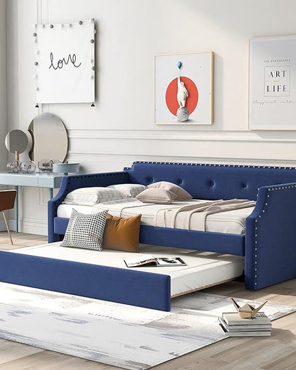 Twin Size Upholstered Trundle, Daybed Frame Sofa Bed for Bedroom Living Room Guestroom, Wood Slat Support, Space Saving Design, Blue - LeafyLoom
