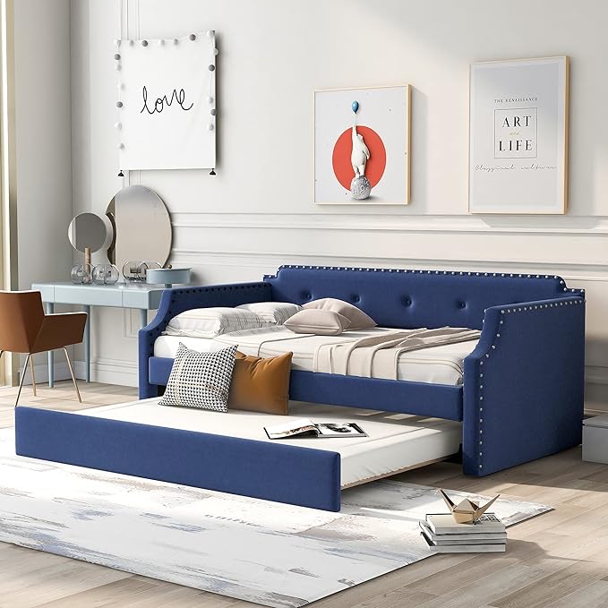 Twin Size Upholstered Trundle, Daybed Frame Sofa Bed for Bedroom Living Room Guestroom, Wood Slat Support, Space Saving Design, Blue - LeafyLoom