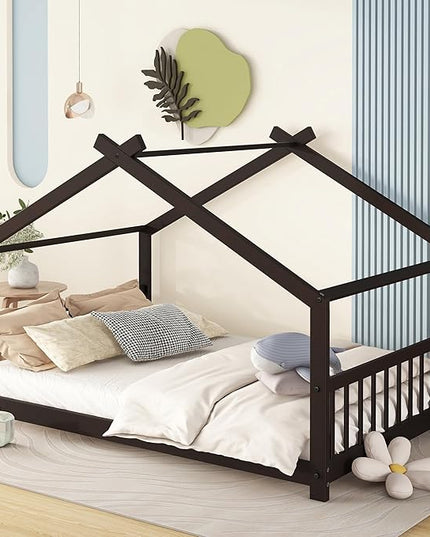 Bellemave Wood Montessori Full Size Bed Frame, Espresso - Playhouse Design, Sturdy, Safety, No Box Spring Needed, Easy Assemble - LeafyLoom