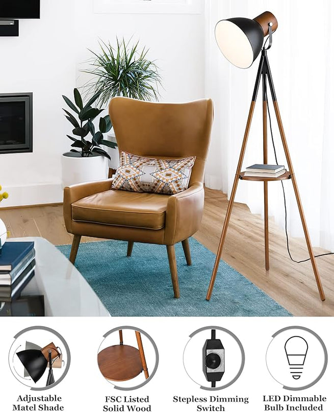 ELYONA Dimmable Tripod Floor Lamp with Table, Wood Standing Lamp with Adjustable Metal Shade, Modern End Table with Reading Light for Livingroom, Bedroom, Office, LED Bulb Included, Black & Brown - LeafyLoom