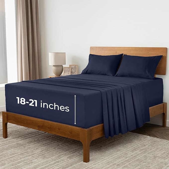 Mellanni Extra Deep Full Sheets - 4 PC Iconic Collection Bedding Sheets & Pillowcases - Hotel Luxury, Ultra Soft, Cooling Bed Sheets - Extra Deep Pocket up to 21 inch (Full, Navy Blue) - LeafyLoom