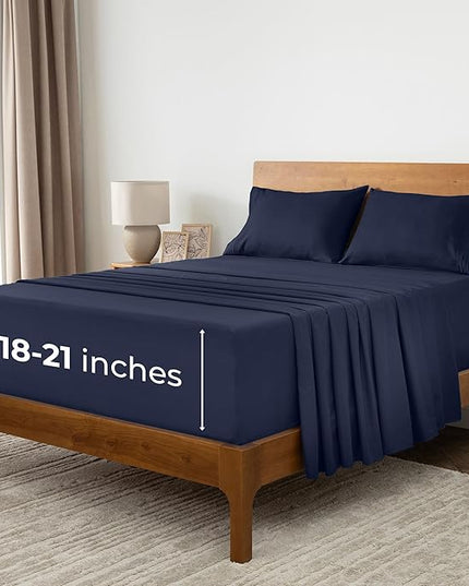 Mellanni Extra Deep King Sheets - 4 PC Iconic Collection Bedding Sheets & Pillowcases - Hotel Luxury, Ultra Soft, Cooling Bed Sheets - Extra Deep Pocket up to 21 inch (King, Navy Blue) - LeafyLoom