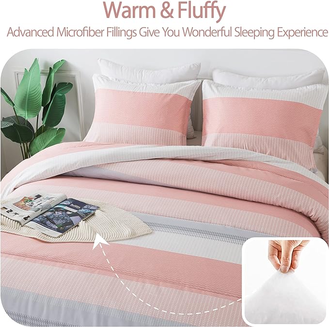 Andency Stripe Comforter Set Twin Size (66x90 Inch), 2 Pieces Pink Patchwork Striped Comforter, Soft Microfiber Down Alternative Comforter Bedding Set with Corner Loops - LeafyLoom