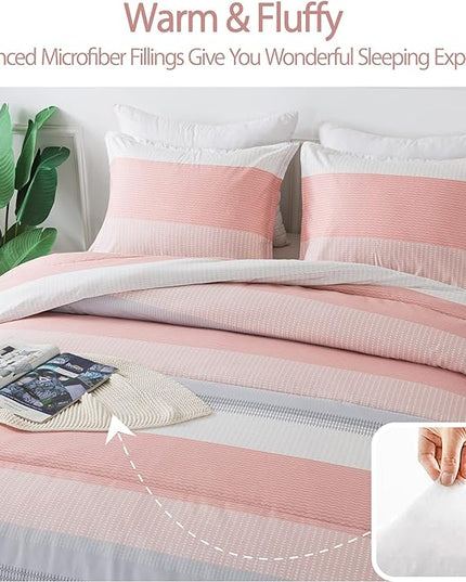Andency Stripe Comforter Set King Size (104x90 Inch), 3 Pieces Pink Patchwork Striped Comforter, Soft Microfiber Down Alternative Comforter Bedding Set with Corner Loops - LeafyLoom