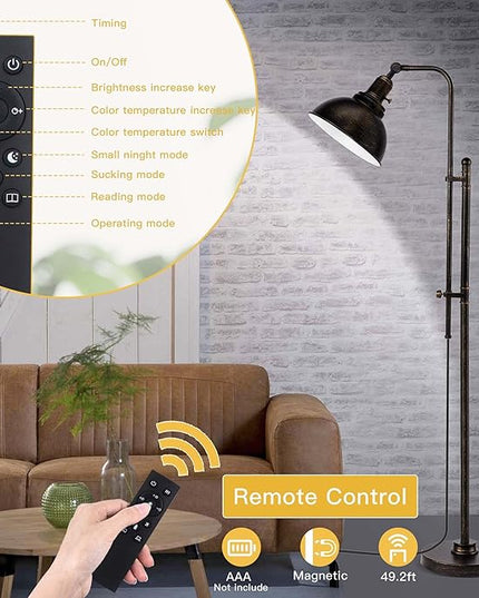 PARTPHONER Industrial Floor Lamp Adjustable, Rustic Farmhouse Reading Lamp in Aged Black Finish, Modern Standing Lamp with Remote Control Metal Shade for Living Room Bedroom Study Room Office Hotel - LeafyLoom