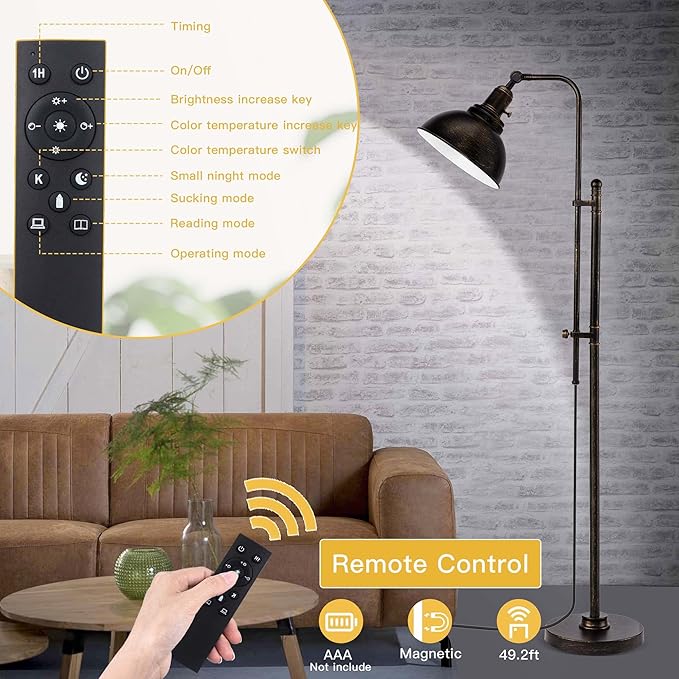 PARTPHONER Industrial Floor Lamp Adjustable, Rustic Farmhouse Reading Lamp in Aged Black Finish, Modern Standing Lamp with Remote Control Metal Shade for Living Room Bedroom Study Room Office Hotel - LeafyLoom
