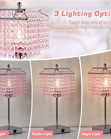 Luvkczc Set of 2 Bedside Pink Crystal Table Lamp, Touch Control Crystal Lamp, 3-Way Dimmable Lamp with Crystal Shade for Bedroom, Girl Living Room, 6W B11 Bulb Included - LeafyLoom