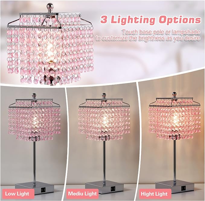Luvkczc Set of 2 Bedside Pink Crystal Table Lamp, Touch Control Crystal Lamp, 3-Way Dimmable Lamp with Crystal Shade for Bedroom, Girl Living Room, 6W B11 Bulb Included - LeafyLoom