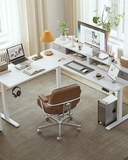 L shaped Electric Standing Desk with 2 Drawers, 63 Inch Ergonomic Adjustable Height Desk with Storage, Corner Desk Sit Stand up Computer Table for Work Office Home, White - LeafyLoom