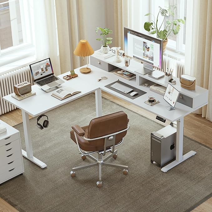 L shaped Electric Standing Desk with 2 Drawers, 63 Inch Ergonomic Adjustable Height Desk with Storage, Corner Desk Sit Stand up Computer Table for Work Office Home, White - LeafyLoom