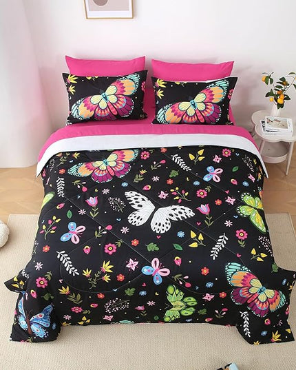 Girls Butterfly Comforter Set Queen Size Colorful Flowers Leaves Bedding Set for Kids Teens Adults Black 7 Piece Bed in A Bag Super Soft All Season - LeafyLoom