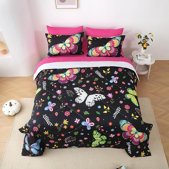 Girls Butterfly Comforter Set Queen Size Colorful Flowers Leaves Bedding Set for Kids Teens Adults Black 7 Piece Bed in A Bag Super Soft All Season - LeafyLoom