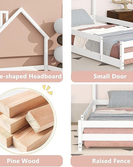Bellemave Twin Size House-Shaped Headboard Floor Bed with Fences, Wooden Montessori Bed for Kids,House Bed Twin Frame for Girls,Boys (White) - LeafyLoom