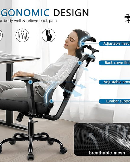 Office Chair Ergonomic Desk Chair Comfy Computer Chair, Big and Tall Home Office Chair with Back Support, Mesh Office Chair High Back Gaming Chair with Adjustable Armrest (White) - LeafyLoom